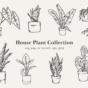 May include: A collection of nine black and white line drawings of various houseplants in pots. The plants include a fern, a snake plant, a monstera, a philodendron, and a hanging plant.