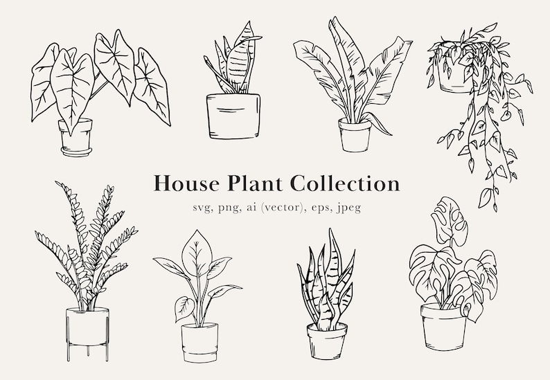 May include: A collection of nine black and white line drawings of various houseplants in pots. The plants include a fern, a snake plant, a monstera, a philodendron, and a hanging plant.