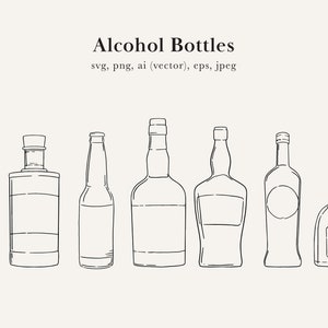 Op de afbeelding: Lijntekening van acht verschillende soorten alcohol flessen, waaronder een wijnfles, een fles sterke drank, een bierfles en een tequilafles.