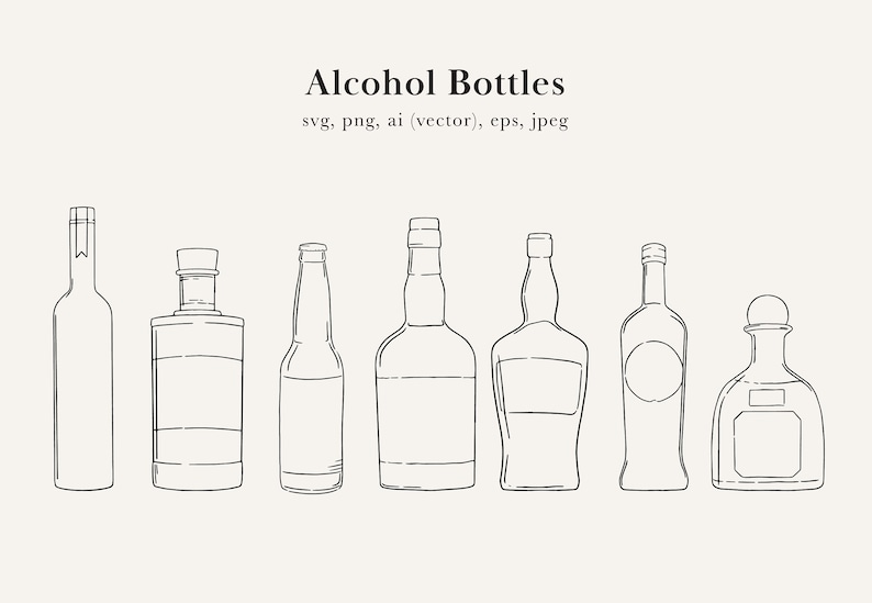 Op de afbeelding: Lijntekening van acht verschillende soorten alcohol flessen, waaronder een wijnfles, een fles sterke drank, een bierfles en een tequilafles.