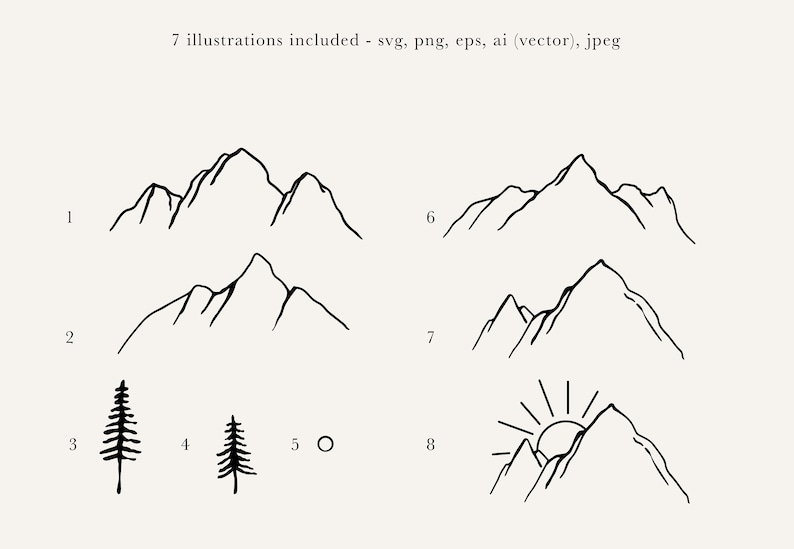 Op de afbeelding: Een set van acht zwart-witte lijntekeningen van bergen, bomen en een zon. De tekeningen zijn eenvoudig en minimalistisch en zouden perfect zijn voor gebruik in een verscheidenheid aan projecten, zoals wenskaarten, uitnodigingen of websiteontwerpen.