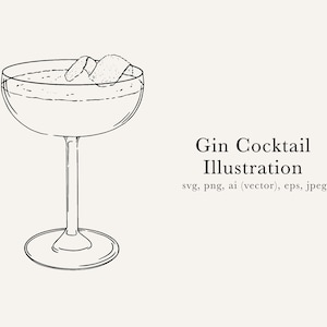 Può includere: Illustrazione a linea di un cocktail al gin in un bicchiere a coupe con una scorza di agrumi. L'illustrazione è in bianco e nero.