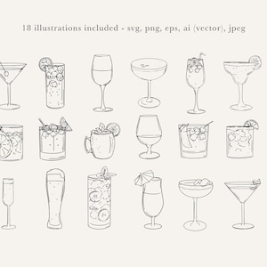 Op de afbeelding: Een set van 18 zwart-witte lijntekeningen van verschillende soorten cocktails en dranken, waaronder een martini, een margarita, een Moscow mule, een mimosa, een biertje en een glas wijn.