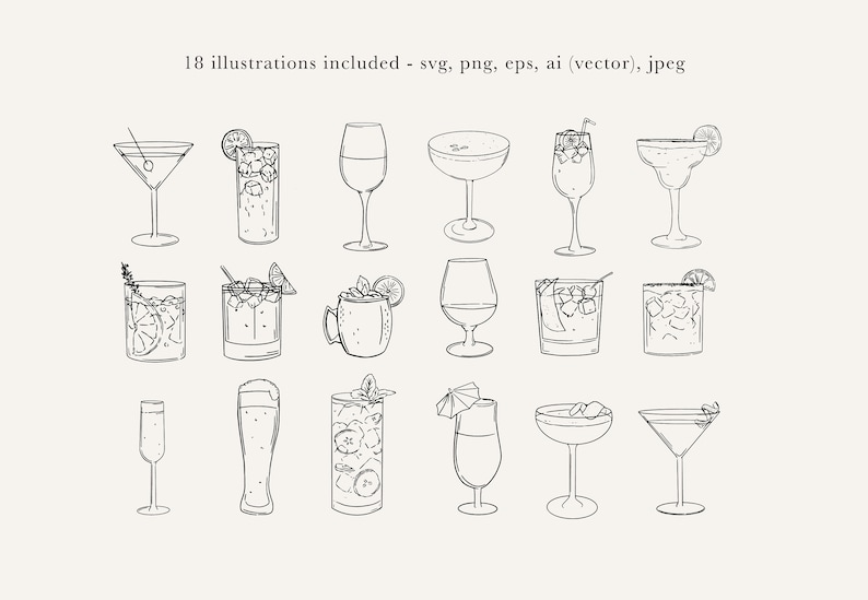 Op de afbeelding: Een set van 18 zwart-witte lijntekeningen van verschillende soorten cocktails en dranken, waaronder een martini, een margarita, een Moscow mule, een mimosa, een biertje en een glas wijn.
