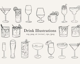 Cocktail Illustrations, Drink Clip Art, Cocktail Clip Art, Moscow Mule Drawing, Signature Drink Sign, Digital File