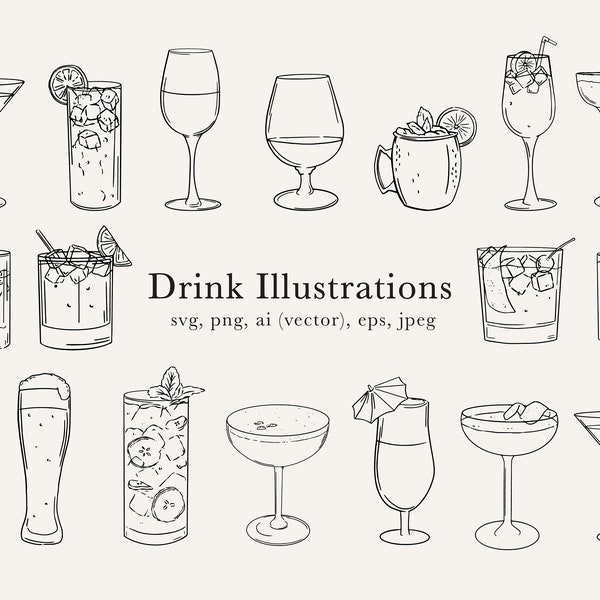 Cocktail Illustrations, Drink Clip Art, Cocktail Clip Art, Moscow Mule Drawing, Signature Drink Sign, Digital File