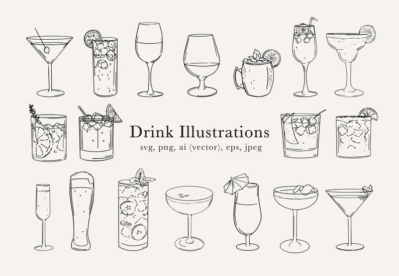 Op de afbeelding: Een set van 18 zwart-witte lijntekeningen van verschillende dranken, waaronder cocktails, bier en sap. De tekeningen zijn eenvoudig en elegant en zouden perfect zijn voor gebruik in een verscheidenheid aan projecten, zoals menu's, websites of sociale media.
