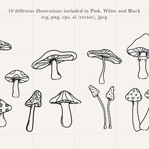 Peut inclure: Un ensemble de 10 dessins au trait en noir et blanc de champignons. Les champignons sont de formes et de tailles vari&eacute;es, certains ayant des points ou des motifs.