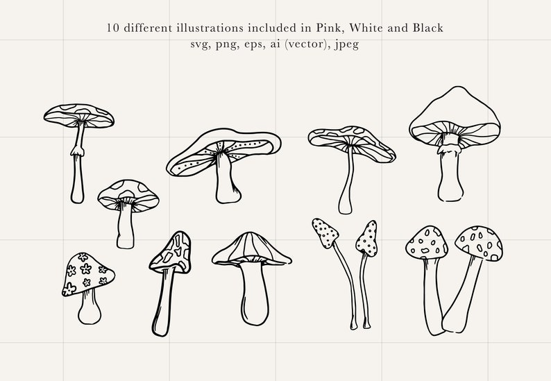 Peut inclure: Un ensemble de 10 dessins au trait en noir et blanc de champignons. Les champignons sont de formes et de tailles vari&eacute;es, certains ayant des points ou des motifs.
