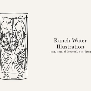 May include: Black and white line drawing illustration of a tall glass filled with ice cubes and two slices of lemon. The glass has a textured pattern. The text "Ranch Water Illustration" is below the glass.