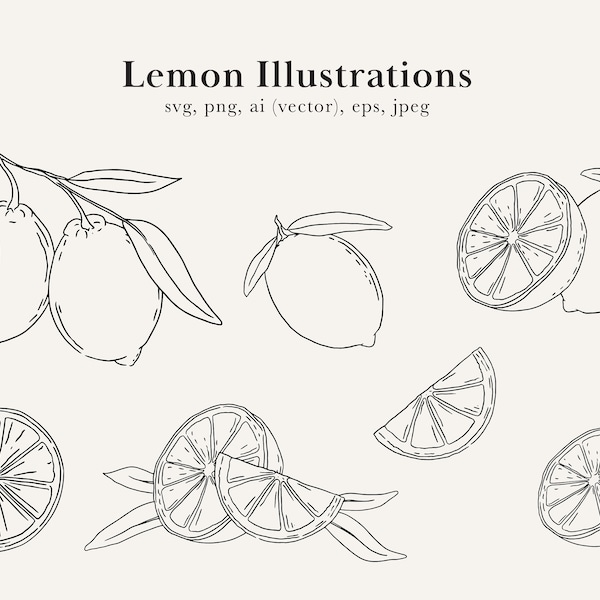 Lemon Clip Art, Lemon Illustrations, Lemon Branch, Lemon Drawing, Lemon SVG, Citrus Drawings