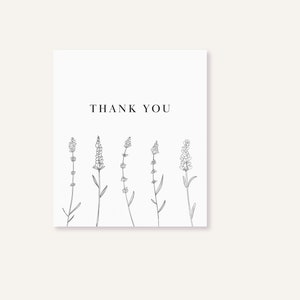 May include: A simple thank you card with a black and white line drawing of five lavender flowers.