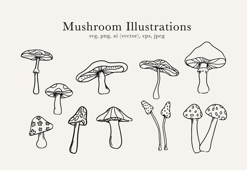 Peut inclure: Un ensemble de dix dessins au trait en noir et blanc de diff&eacute;rents champignons. Les champignons sont dessin&eacute;s de mani&egrave;re simple et stylis&eacute;e.
