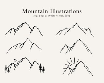 May include: A set of six black and white line drawings of mountains. The mountains are drawn in a simple, minimalist style. Some of the mountains have a sun or a moon in the sky above them. Some of the mountains have trees in the foreground.