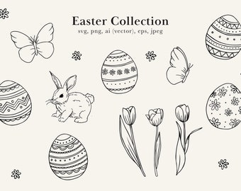 Könnte beinhalten: Ein Schwarzweiß-Illustrationsset mit Ostern-Motiven, darunter ein Kaninchen, Schmetterlinge, Tulpen und Eier mit verschiedenen Mustern.