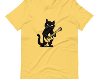 Schwarze Katze spielt Gitarre Illustration Unisex T-Shirt