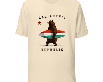 California Republic Bear Surfboard Graphic Tee, Coastal Surf Vibe Shirt