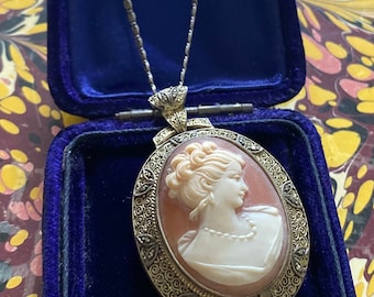 1930&#39;s Sterling Silver Vermeil Theodore Fahrner Filigree, Marcasite Cameo Pendant Necklace & Brooch