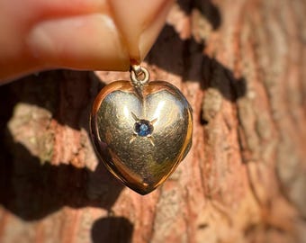 Vintage 9ct Gold Love Heart Locket Pendant set with Starburst Set Sapphire