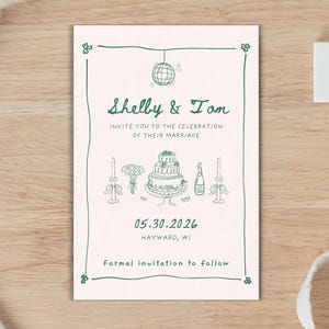 Modelo de convite de casamento manuscrito para salvar a data no Canva, ilustração de rabiscos extravagantes, convite de casamento divertido para salvar a data, modelo de casamento desenhado à mão