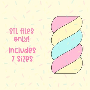 Puede incluir: Una descarga digital de 7 archivos STL para la impresión 3D de un objeto con forma de malvavisco. El malvavisco es rosa, amarillo y azul y tiene forma de espiral. El texto de la imagen dice "Archivos STL solamente! Incluye 7 tamaños".