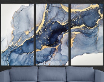 Blue Marble Abstract Canvas Wall Art, Set of 5 Prints, Extra Large Wall Art, Marble Wall Decor, Split Canvas Art, Modern Art, Golden Decor