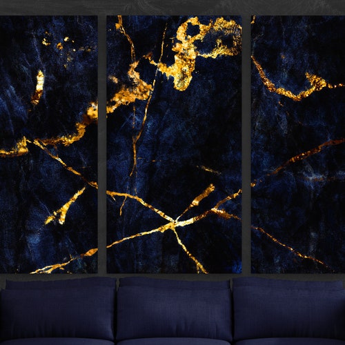 Navy Blue Marble Wall Art Abstract Canvas Print Contemporary Etsy