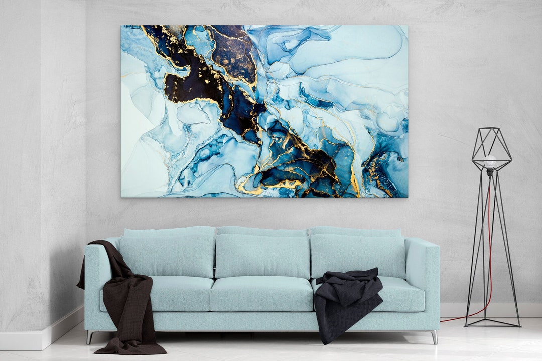 Large Blue Wall Art Blue Wall Art Set of 3 Blue Gold Art Etsy