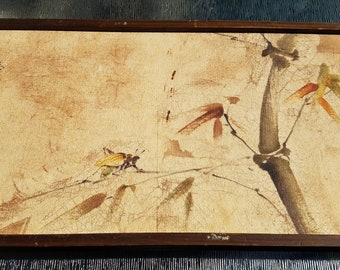 Chinese vintage (1970s) 14th century Grasshopper on Bamboo painting reproduction