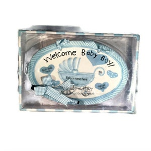 Welcome Baby Boy Personalization Plaque with Pen , Mud Pie blue Baby Shower Gift, Ceramic Wall Plaque Baby, Baby Room Decor