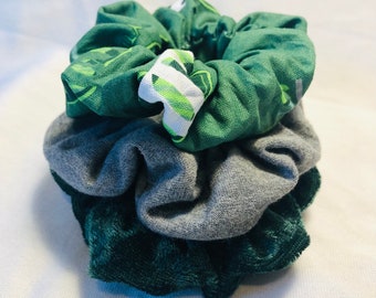 Soft Cotton/Shiny Knit Scrunchies | Snake Wizard Set - Themed, Speckled Gray, Emerald Green | Magical | Made in USA