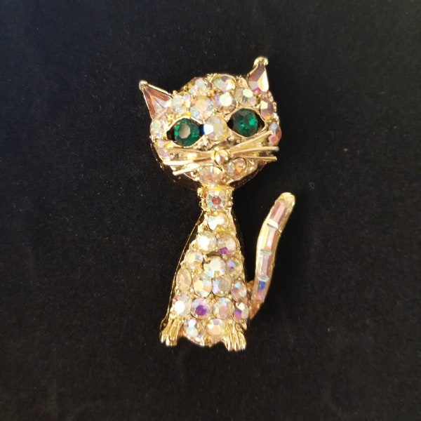 Signed Pell, Vintage, aurora borealis rhinestone cat brooch pin.