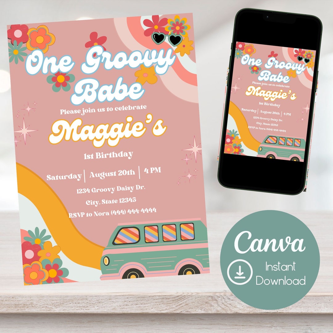 Editable One Groovy Babe 1st Birthday Invitation Retro Groovy 70's ...