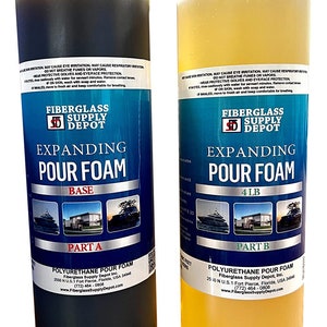 May include: Two brown plastic bottles with yellow labels. The bottles are labeled "Expanding Pour Foam" and contain Part A and Part B of a two-part polyurethane foam system. The labels also include the company name "Fiberglass Supply Depot" and a website address.