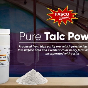 May include: A white plastic jar of pure talc powder, labeled "FASCO Epoxies Talc Powder Additive Filler". The jar is sitting on a wooden surface next to a small pile of white powder. The text "Pure Talc Powder" is displayed in large black letters above the jar. The text below the jar reads "Produced from high purity ore, which provide low iron content, low surface area and excellent color in dry form as well as when incorporated with resins."