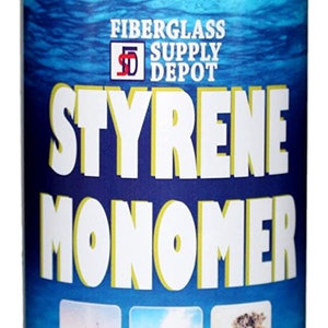May include: A silver can of Styrene Monomer from Fiberglass Supply Depot. The can is labeled with a blue and white wave design and has a white lid. The can contains 1 pint of liquid, which is equal to 0.473 liters.