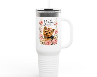 Yorkie Floral Portrait Travel Mug | 40oz Insulated Tumbler