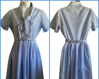 Dress Cay Artley Vintage 60s Blue White Gingham Shirtdress Bow Collar Scoop Neck Belted Mid Century