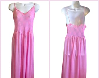 Nightgown Cine Star Nightie Vintage 1970s Pretty in Pink Stretch Lace Top Nylon Full Length Medium