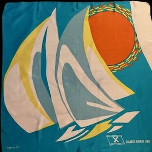 Scarf Chandris Cruise Lines 70s Silk Greek Designer Tseklenis Sailboat Sunset Turquoise Orange