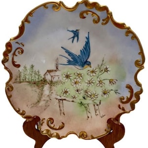 Hand Painted China Plate Blue Swallows Birds Daisies Farmhouse Signed Vintage Cottage Decor Gallery Wall