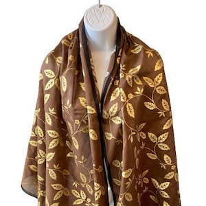 Kenzie XllX Karat Cotton Wrap Scarf Brown Metallic Gold Floral Black Border Vintage 80s Extra Large Made in Japan