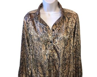 Blouse RS Designs of California Snake Print Vintage Top 1970s 1980s Blouson Hem Large