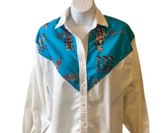 Blouse Sam Young Button Up Shirt Vintage 1980s Western Southwestern White Kachinas Medium