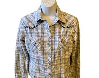 Western Shirt Blouse Womens Panhandle Slim Cotton Metallic Rhinestone Piping Yoke Pearl Snaps Medium Vintage 90s Cowgirl
