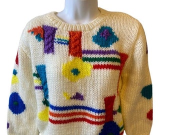 Hand Knit Sweater One of a Kind Crew Neck Pullover Vintage 80s Cream and Primary Colors Geometric Shapes Long Sleeves Size Small