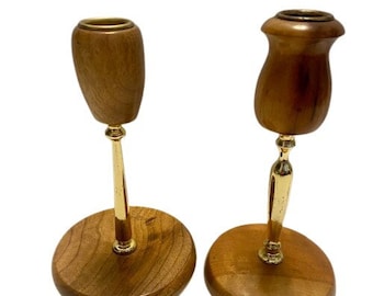 Oregon Myrtlewood Candlesticks Brass Accents Set of Two Non Matching Taper Holders
