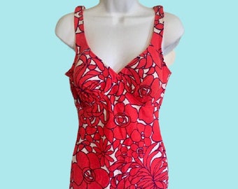 Catalina Swimsuit Vintage 60s Mod Tomato Red Purple Cream Front Skirt