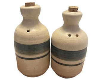 Art Pottery Salt Pepper Shakers Handmade Ceramic Horizon Speckle Glaze Large 1970s Vintage Boho Signed