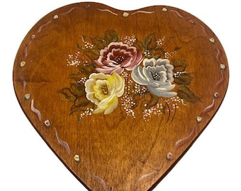 Wooden Heart Box Large Handmade Hand Painted Folk Art Tole Style Country Cottage Farmhouse Decor